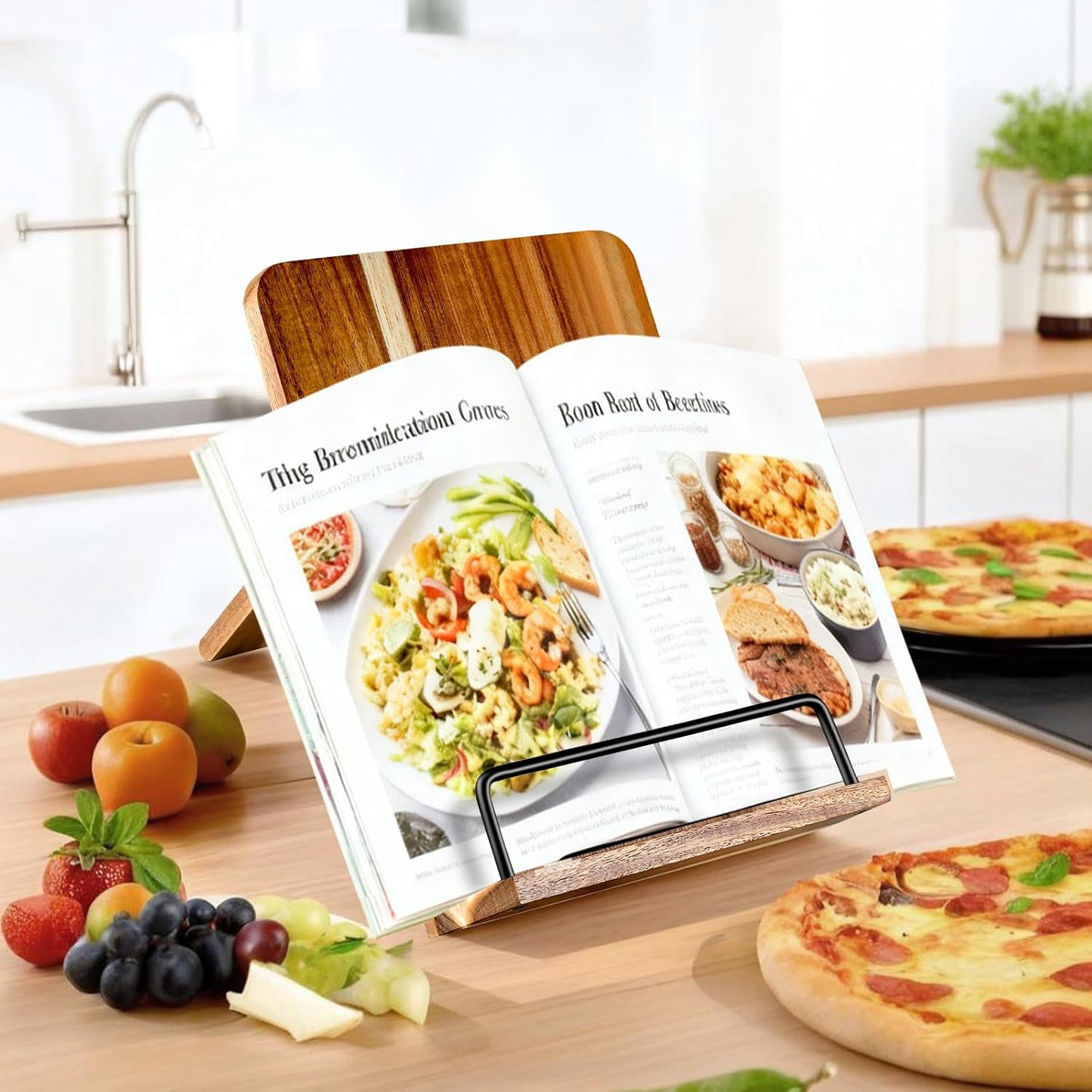 Acacia Wood Cookbook Stand for Kitchen Counter - Adjustable Recipe Book Holder & Tablet Stand - Heavy Duty Hands-Free Bookstand for Large Cookbooks, iPad & Bible - Rustic Farmhouse Decor