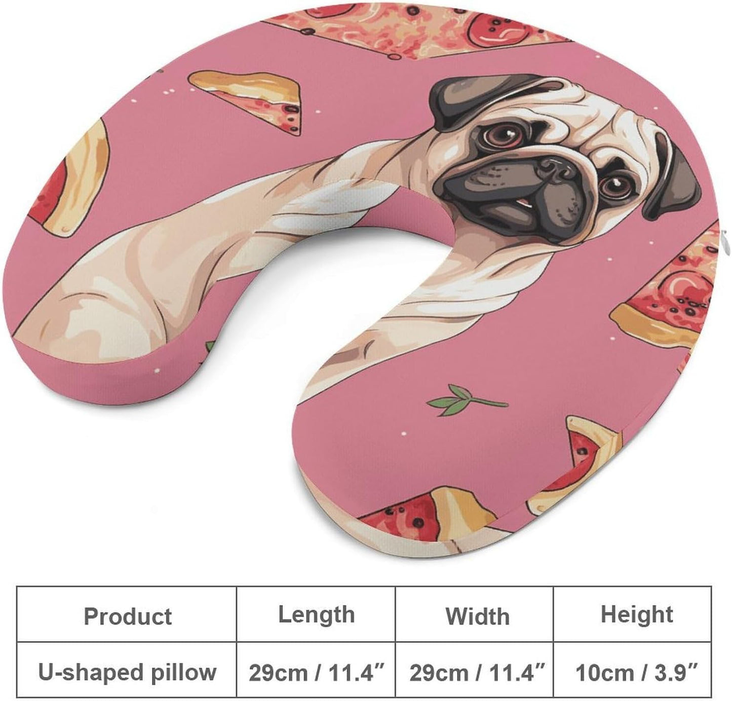 Pug Pizza Pink Neck Pillow Memory Foam U Shaped Pillows Portable Pillows for Shoulder Travel Head Support Pillow with Concealed Zipper for Airplane Car Home Office