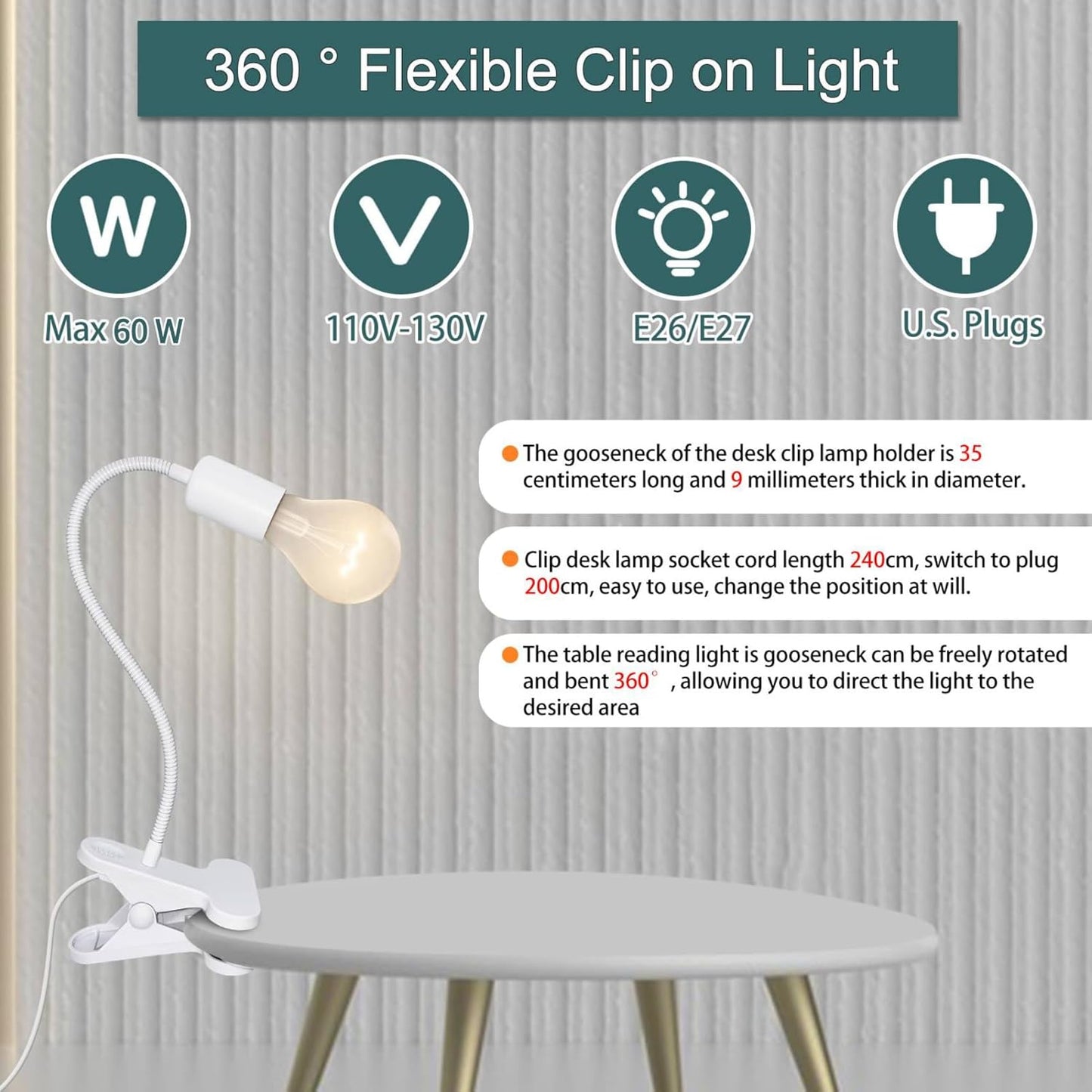 2 Set Clip Desk Lamp Socket with Adjustable Flexible Neck, E26 E27 Clip Lamp Socket Clamp with 240CM Cord, Clamp Light Stand with On/Off Switch and 9 &350 MM Metal Tube Clip on Reading Light (No Bulb)