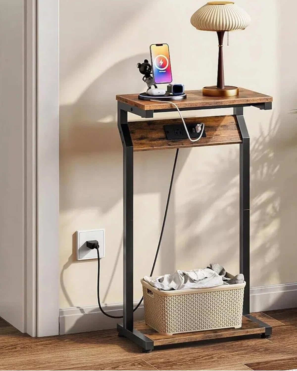 Narrow Side Table with Charging Station, 27" Skinny End Table for Small Spaces, Couch Table with Storage, Slim Tray Table with USB Ports, for Living Room, Bedroom, Rustic Brown TBZ27UBF