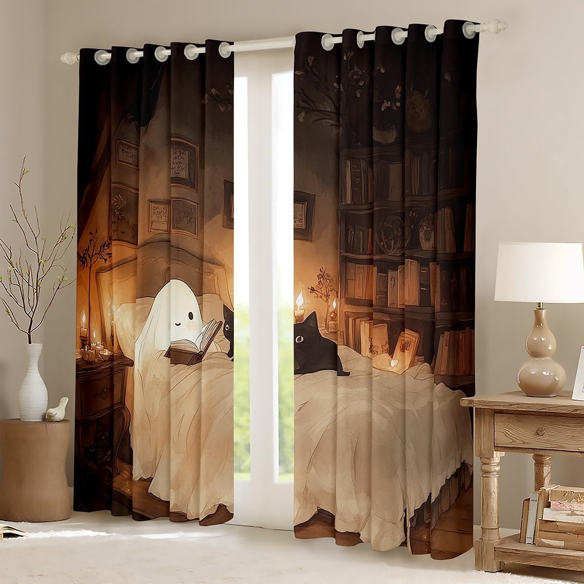 jejeloiu Halloween Funny Ghost Curtains for Bedroom Living Room Kawaii Cute Cat 30%-50% Blackout Shades Reading Book Room Darkening Curtain Window Treatments, 2 Panels 52 x 84 Inch Decor