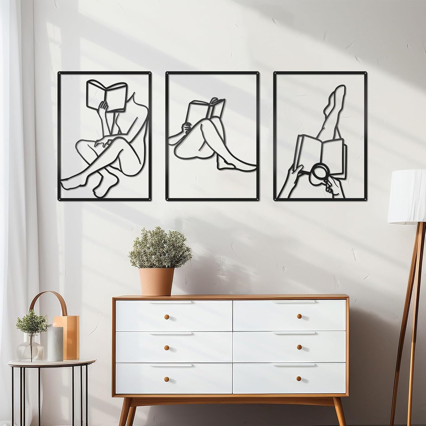 Zzbakress 3 Pcs Female Book Wall Art Black Metal Wall Decor Large Reading Room Decor Minimalist Line Wall Art Black Abstract Wall Art for Reading Room Living Room Bedroom (Elegant)