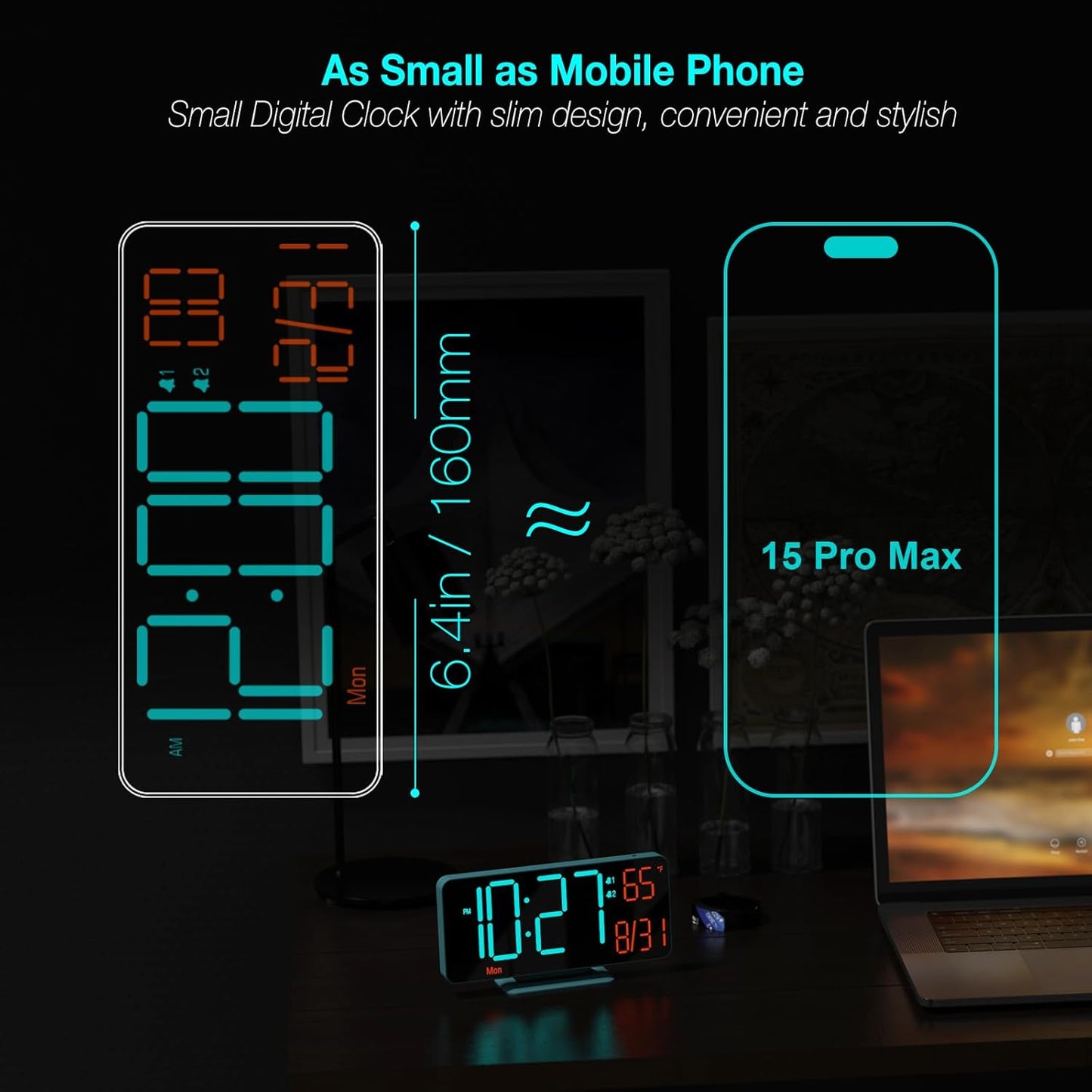 KOSUMOSU Alarm Clocks for Bedrooms, 6.7in Digital Clock, Auto Dimming, Room Temperature, Day of The Week, Seconds, Date, Digital Clocks for Living Room, Desk Clock for Bedroom