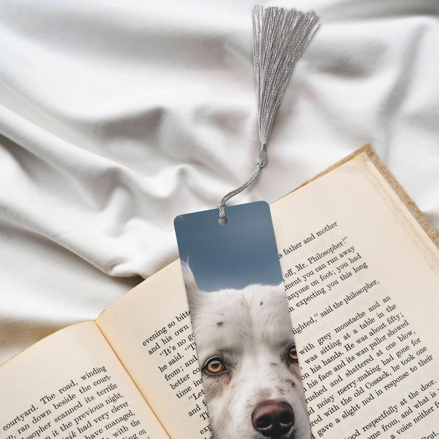 Big White Dog Bookmarks Gifts for Women Men, Wooden Bookmarks for Book Lovers, Vintage Book Marks Ornaments with Tassel, Unique Personalized Reading Page Markers Gray