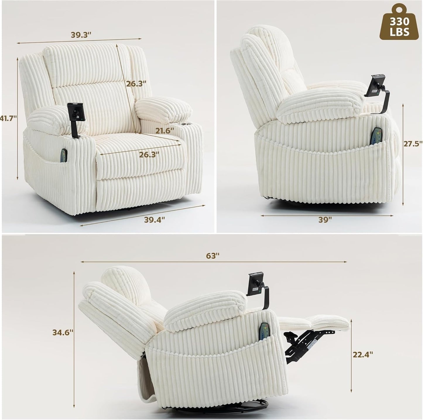 Power Oversized Swivel Rocker Recliner Chair with Dual Motor Adjustable Headrest Glider Rocking Chairs with Vibration and Heat for Home Furniture