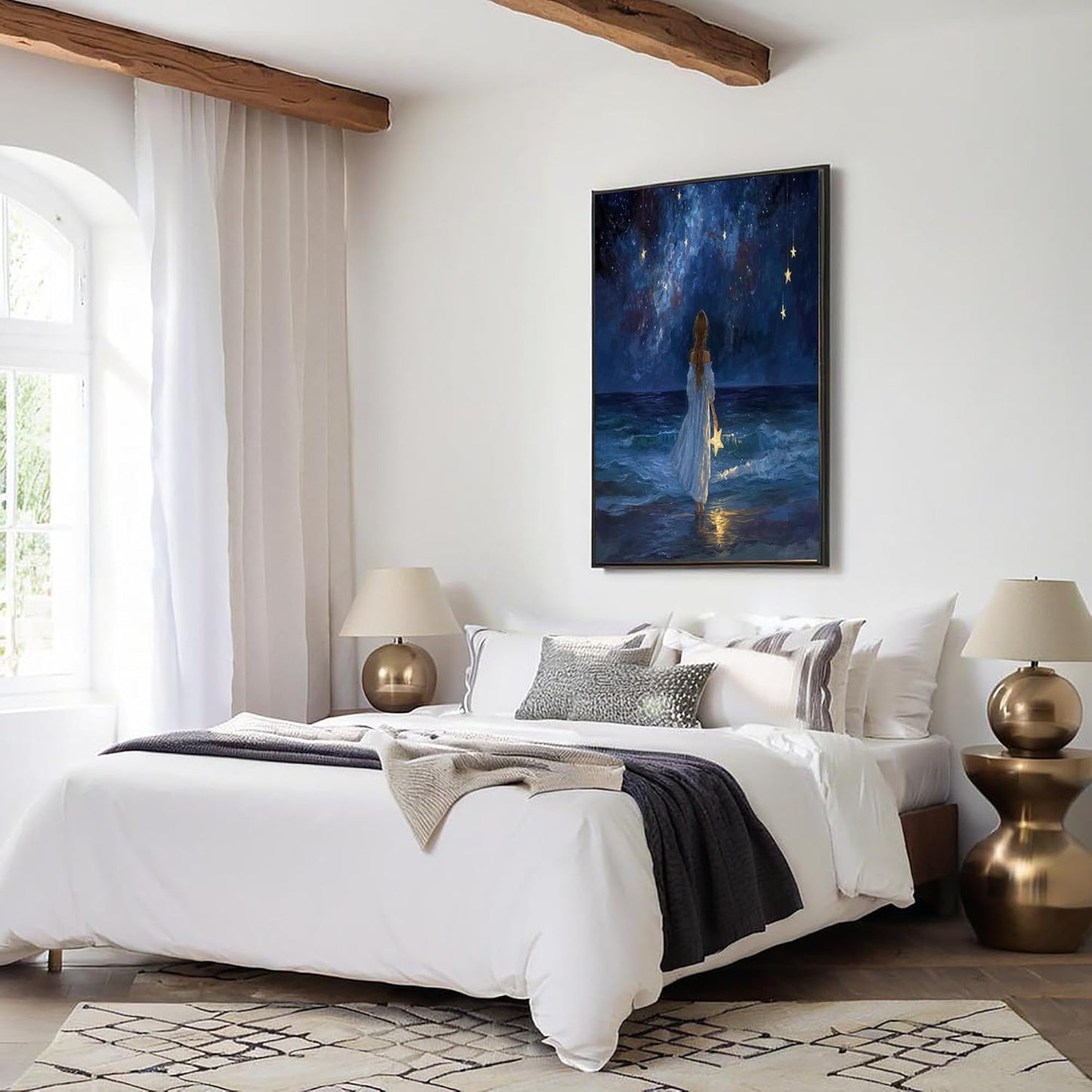 GDJSMIN Vast Starry Sky Wall Art, Beach Girl In White Poster for Reading Room Living Room Decor 24 x 36 inch Unframed