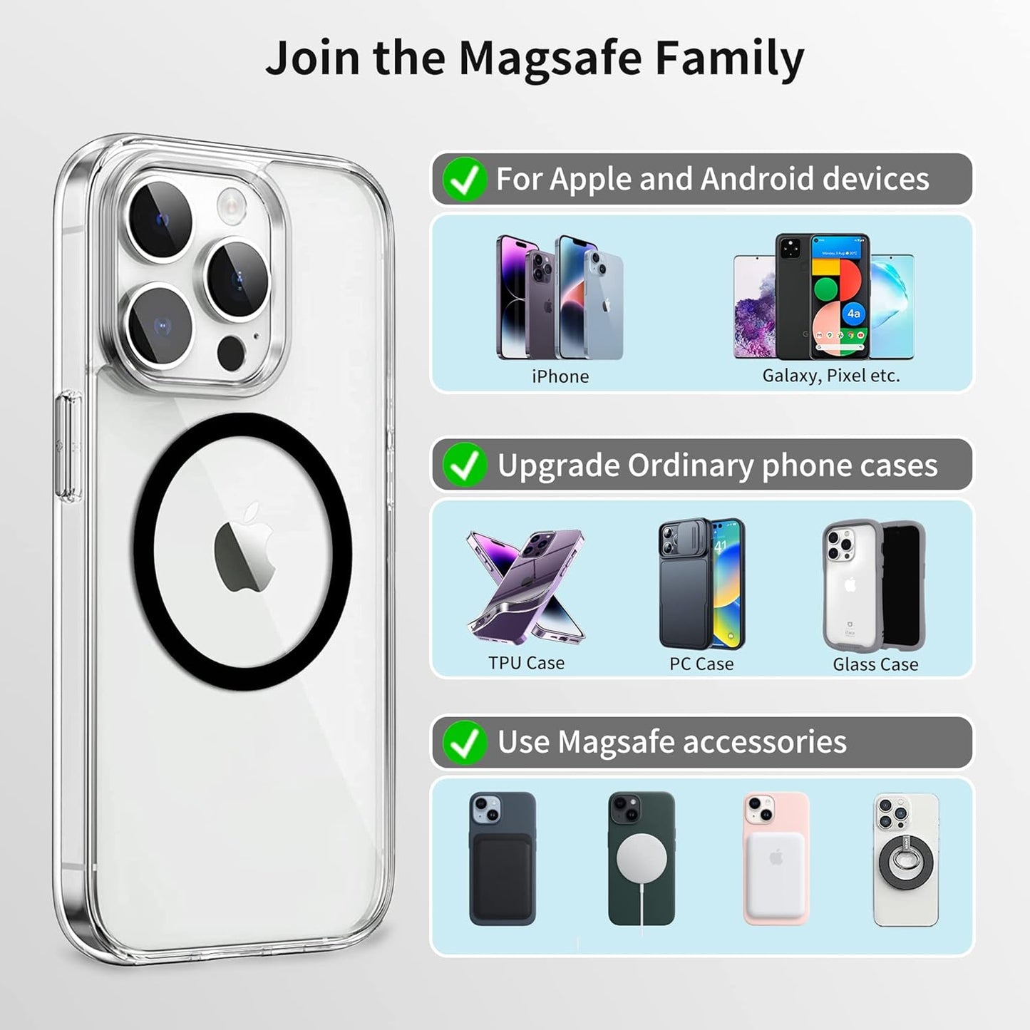 Universal Metal Rings Compatible with Magsafe Sticker,Magnetic Ring for Phone Cases & Wireless Charging, 6 Pack (2 Black,2 White & 2 Silver)
