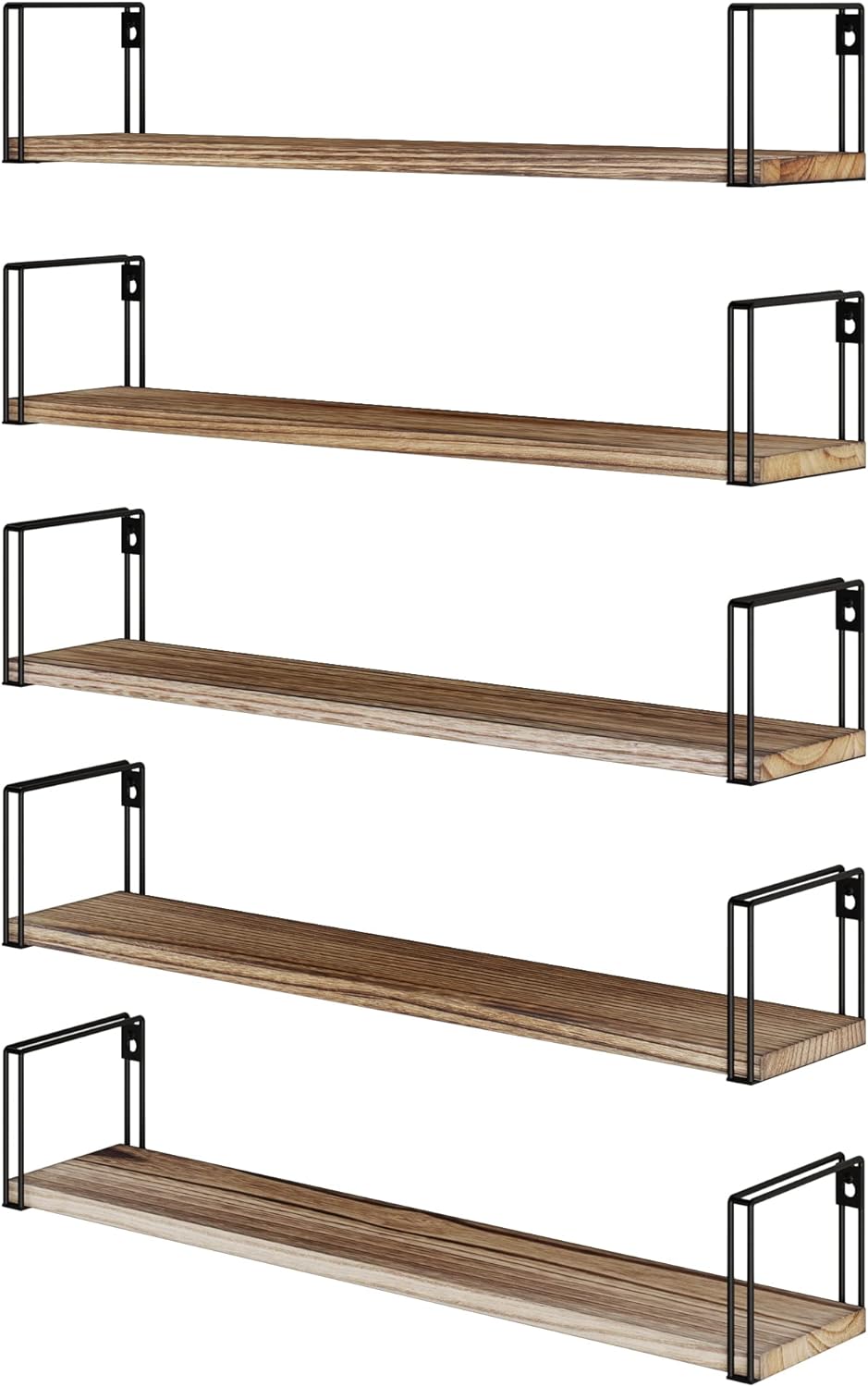 Wallniture Avila 24" Floating Shelves for Wall, Kitchen Organization & Office Shelves, Bookshelf for Living Room Decor, Laundry Room Shelf, Set of 5, Burnt Finish