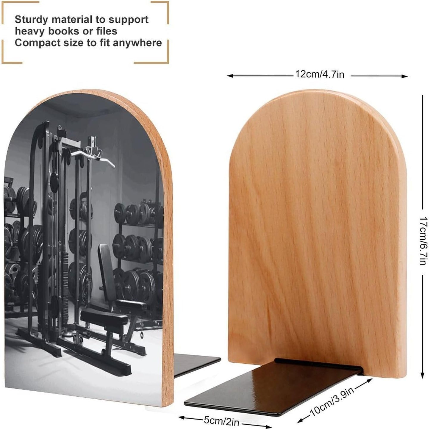 Gym Equipment Bookend for Shelves Wooden Book End Large Size Sturdy Book Holders Stoppers with Metal Base for Bookshelves Slick Decorative Bookends Stands
