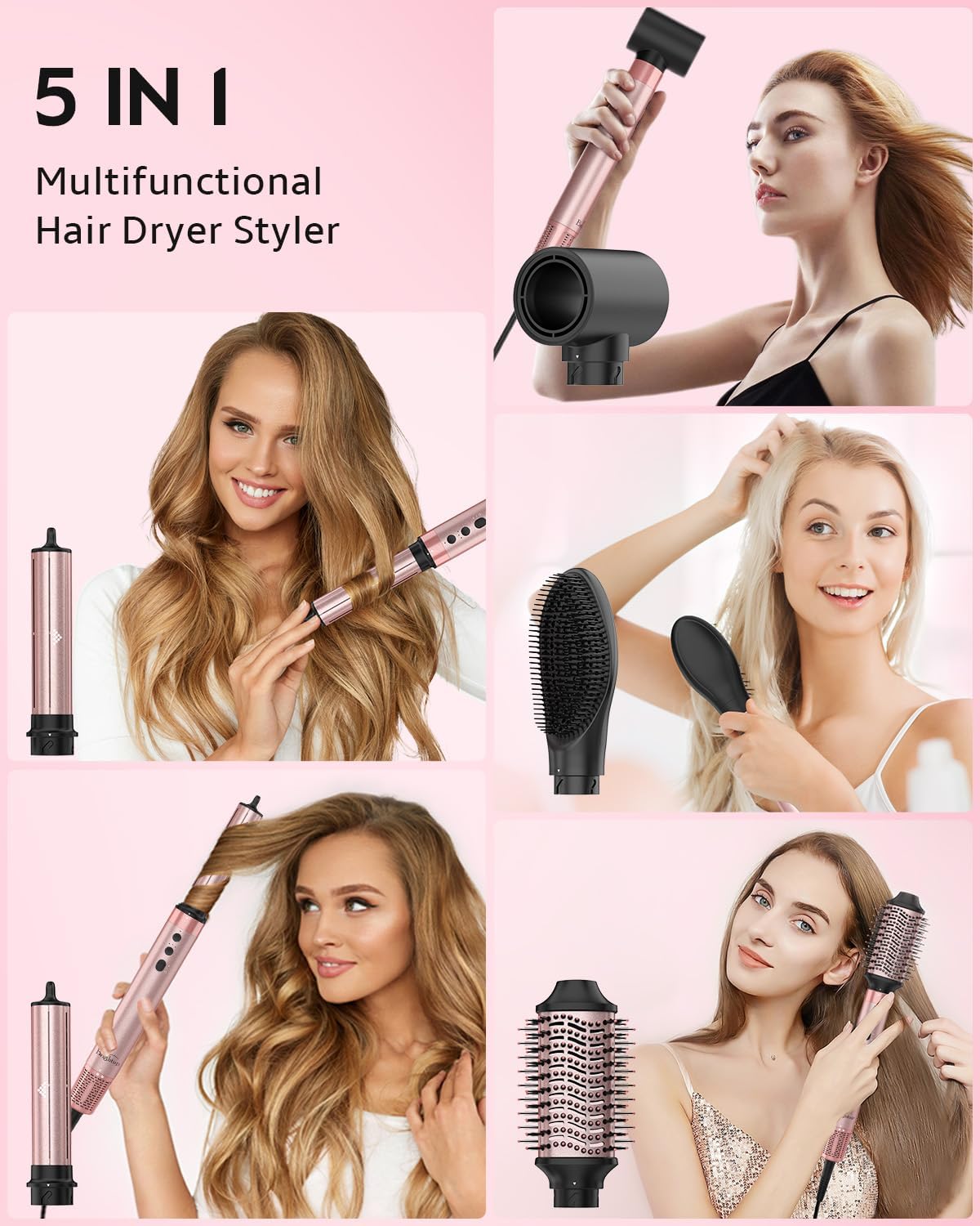 Brightup 5 in 1 Air Styler, 1400W High Speed Hair Dryer Brush, Professional Automatic Hair Curler with Cool Shot Button, 800 Million Ionic, No Heat Damage, with Travel Bag