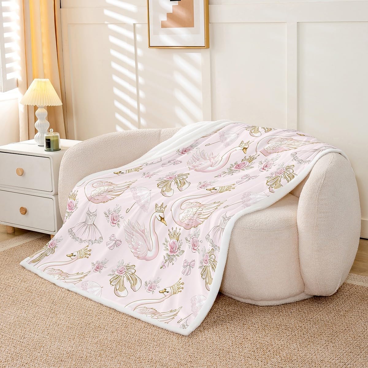 Manfei White Swan Flannel Blanket Swan Lake Ballet Dance Theme Pink Fleece Throw Blanket for Room Decor,Princess Crown Bowknot Romantic Roses Flowers Bed Blanket for Bed Sofa Couch,Baby 30"x40"