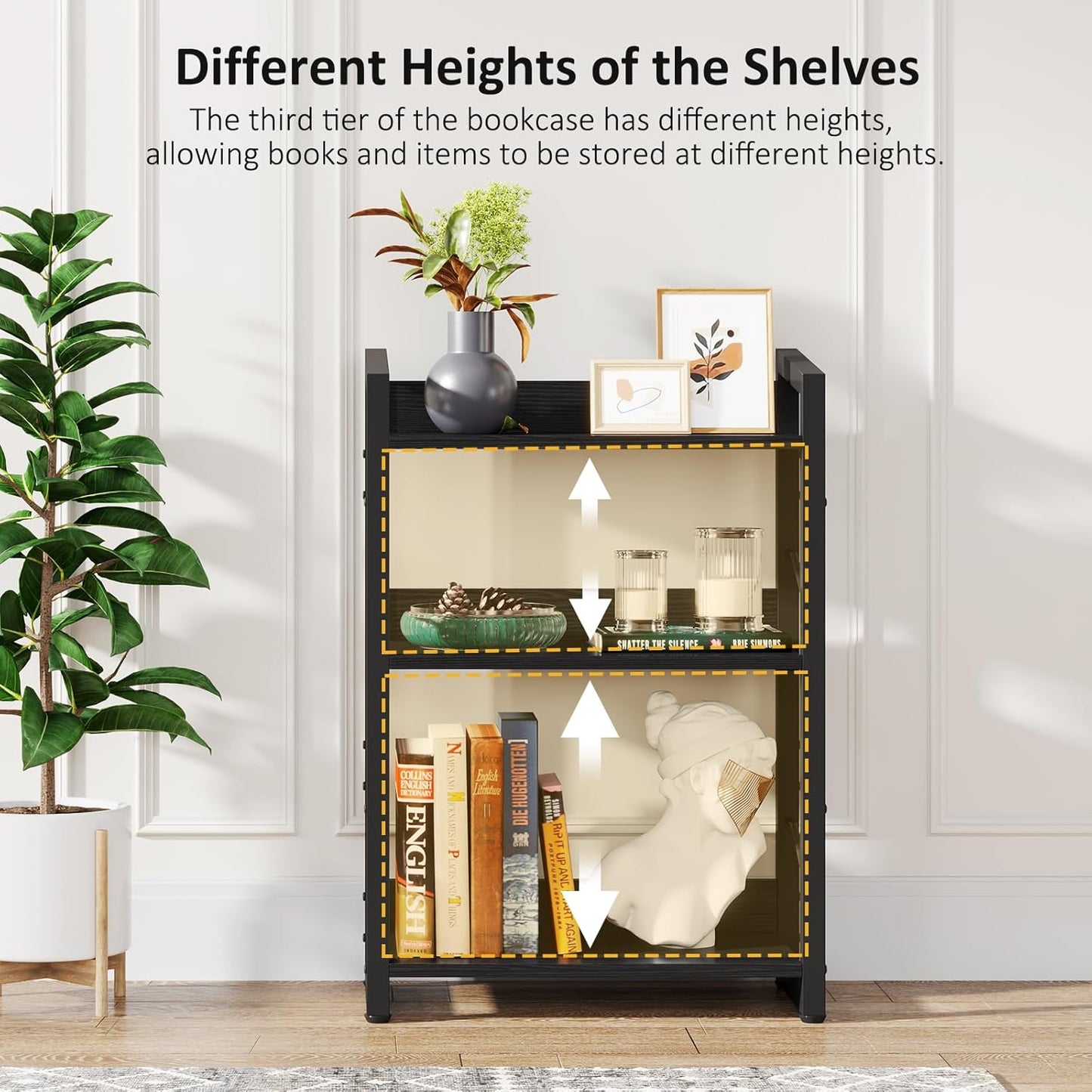 Hosfais Book Shelf Small Bookshelf - 3-Tier Wood Bookcase Industrial Bookshelf Metal Narrow Bookcase Storage Organizer Display Rack for Bedroom Living Room Home Office (Black)