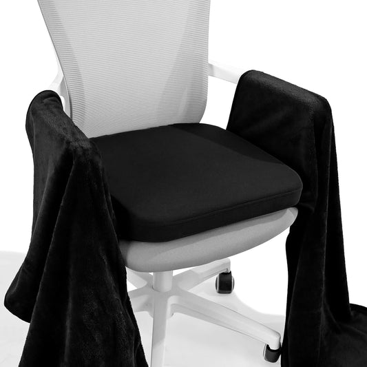 BUYUE Thickened/Leg Covering Office Chair Cushion with Blanket 2 in 1, 2" Foam Seat Cushion with Soft Fleece Foldable Legwarmer for Sitting, Non-Slip Comfort Home Desk Chair Pad, Black