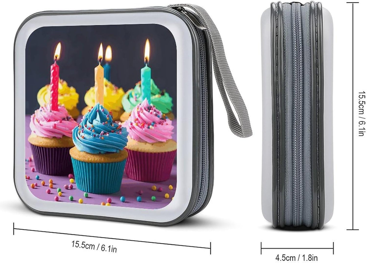 Colorful Happy Birthday Cupcakes CD Case 40 Capacity Case Zipper CD Collection Bag with Handles Cover DVD Storage Hard Plastic DVD Disc Cases Storage Binder for Car Home Office Travel
