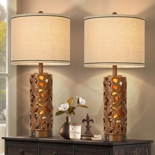 AIDENOEY 27.5" H 3-Way Dimmable Touch Control Table Lamp with USB A+C Ports, Vintage Walnut Finish Resin Bedside Farmhouse Table Lamp Set of 2，for Living Room，Bedroom，Office