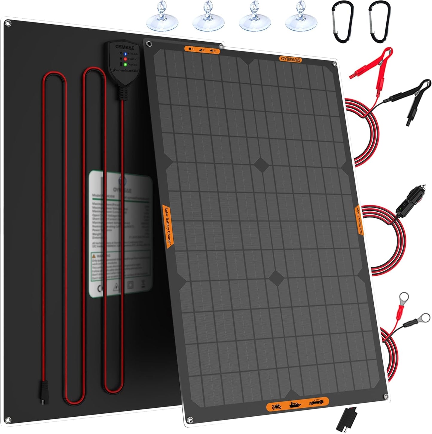 OYMSAE 30W 12V Solar Trickle Charger Maintainer, Waterproof Portable Solar Panel Battery Charger Kit with Cigarette Lighter Plug & Alligator Clips for Car, RV, Truck, Boat, Motorcycle, Marine