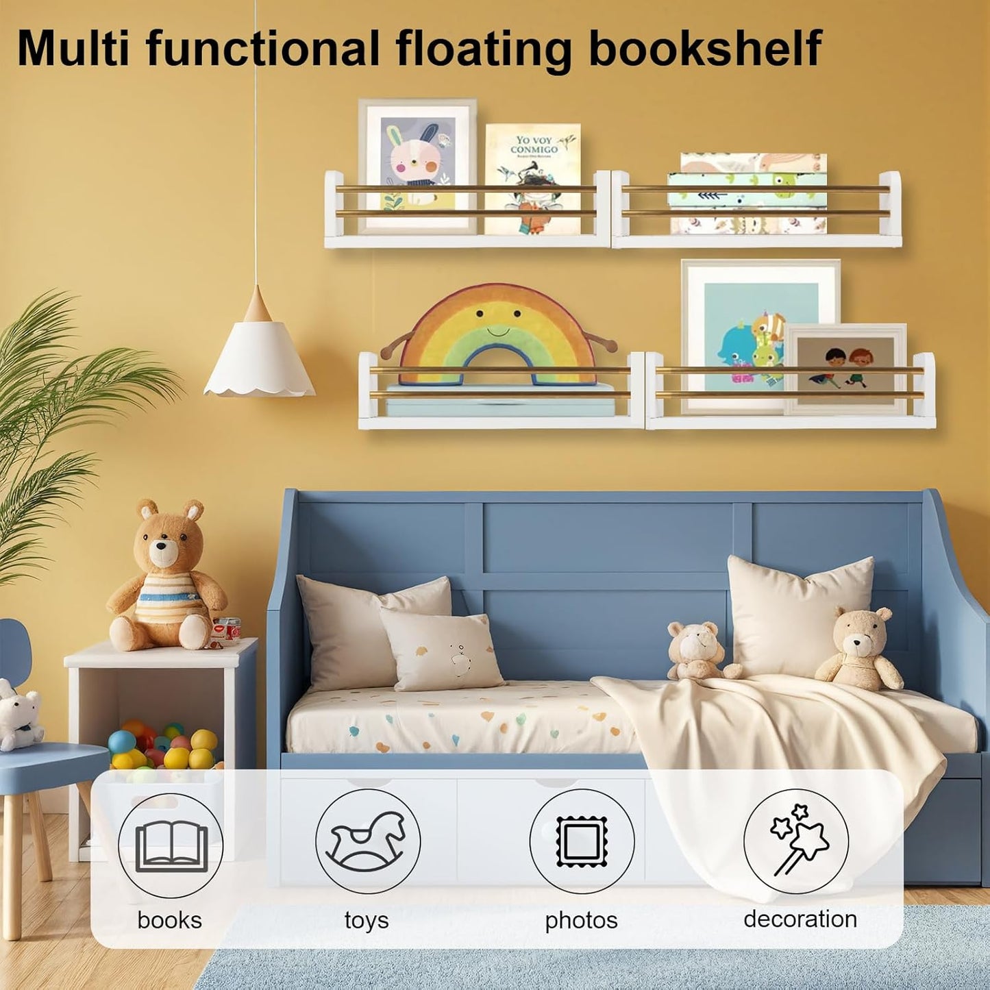 Nursery Wall Book Shelves Set of 4, 16" Solid Pine Wood Floating Book Ledges with Dual Safety Rails, Wall Mounted Kids Bookshelf for Baby & Toddler Books, Toys & Decor, Reversible Install, White/Gold