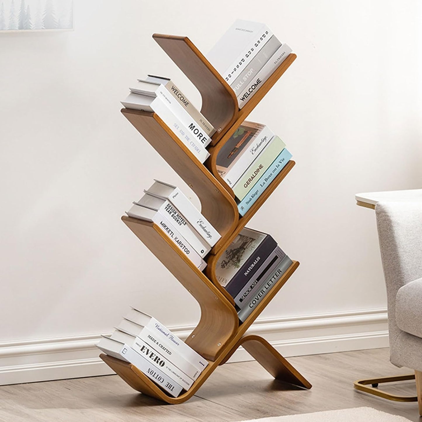 Floor Standing Bamboo Book Shelf, Modern Tall Tree Bookshelf, Small Corner Bookcase Narrow Bookshelves Organizer for Bedroom Living Room Home Office