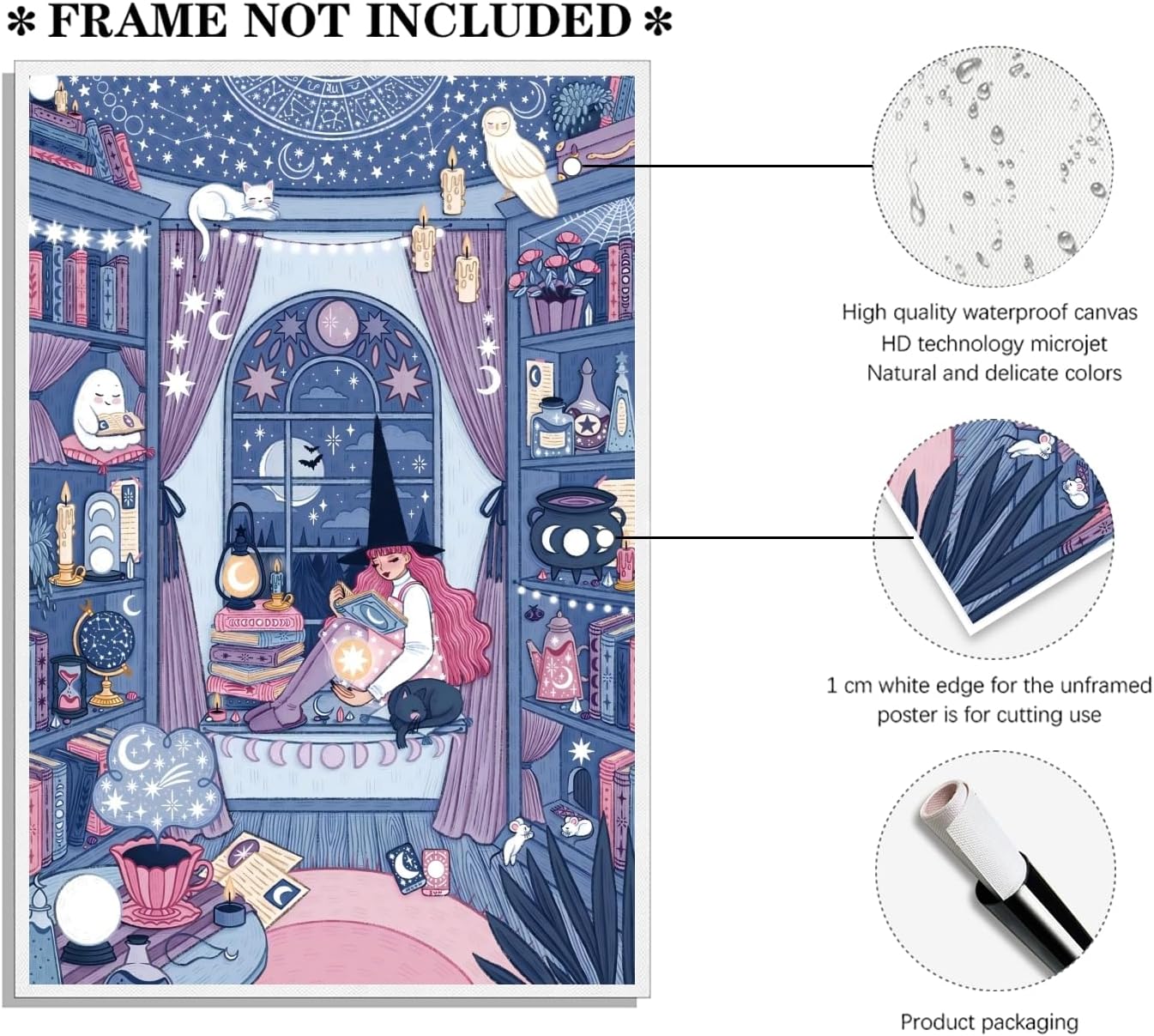 Funny Celestial Witch Room Canvas Print Halloween Wall Art Witchy Illustration Poster Magical Room Decor Astronomy Artwork Starry Sky Art Cozy Reading Nook For Bedroom 16x24inch Unframed