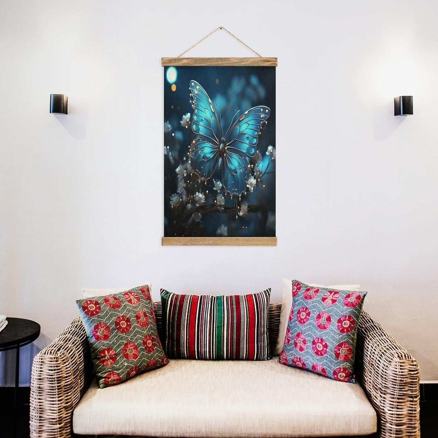 Vintage Blue Butterfly And Moon Poster with Wooden Frame Personalized Linen Hanging Scroll Painting Rustic Wall Hanging Illustrative Modern Artwork Decor for Home Living Room Bedroom Office