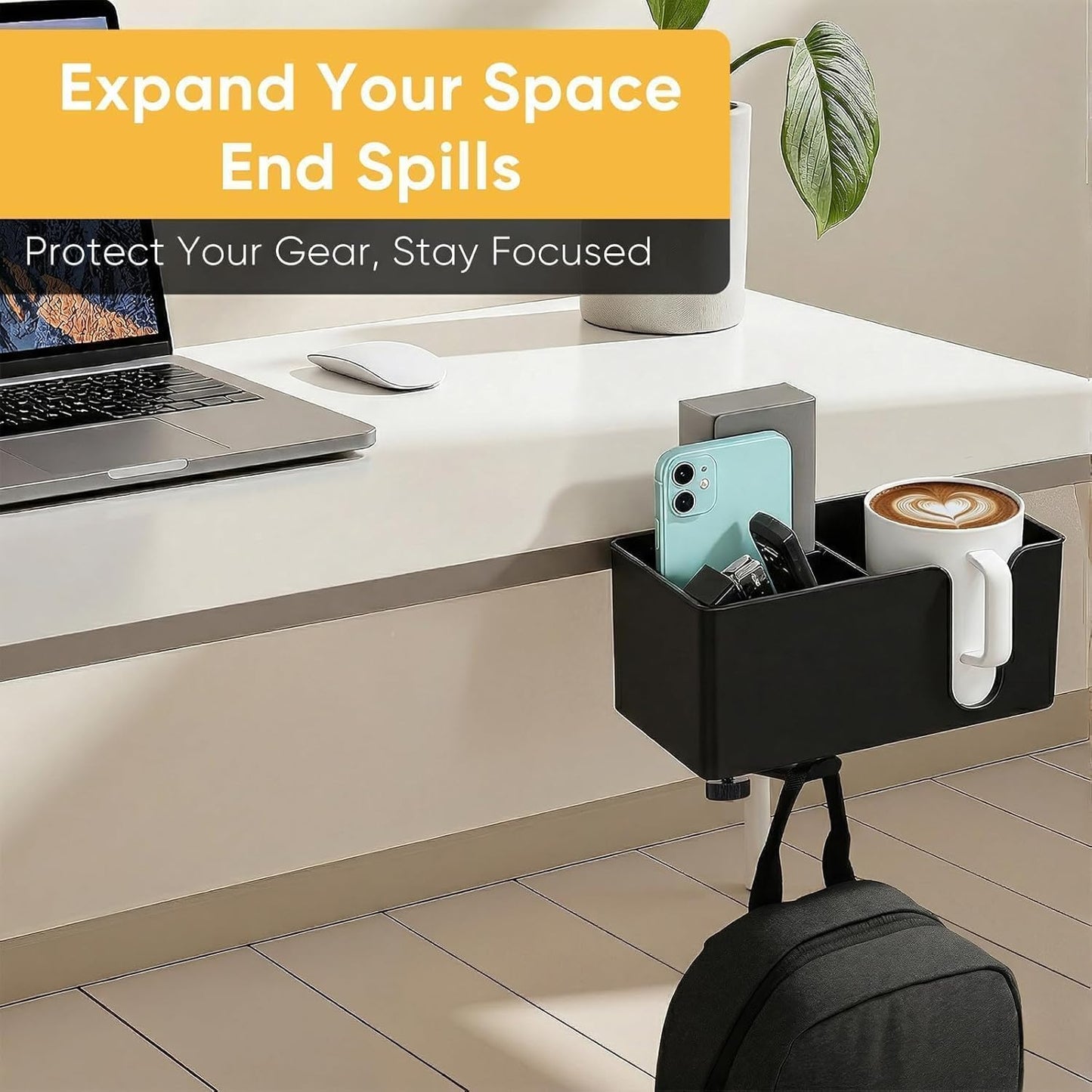 4-in-1 Clip On Desk Cup Holder, Fits up to 40oz cups - Mountable Holder with Adjustable Divider & 360° Rotating Hook - No Spill Clamp On Drink Holder Attachment - for Desk Chair Table Bed Tray - Black