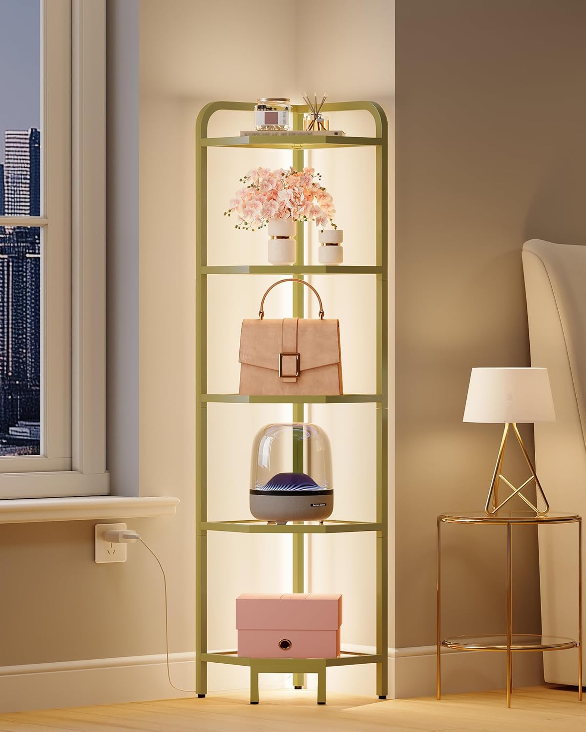 Corner Shelf with LED Lighting, 5-Tier Glass Bookshelf, Steel Frame, Tempered Glass, Modern Style Corner Shelf, Suitable for Living Room, Bedroom and Game Room, Gold CS09599G
