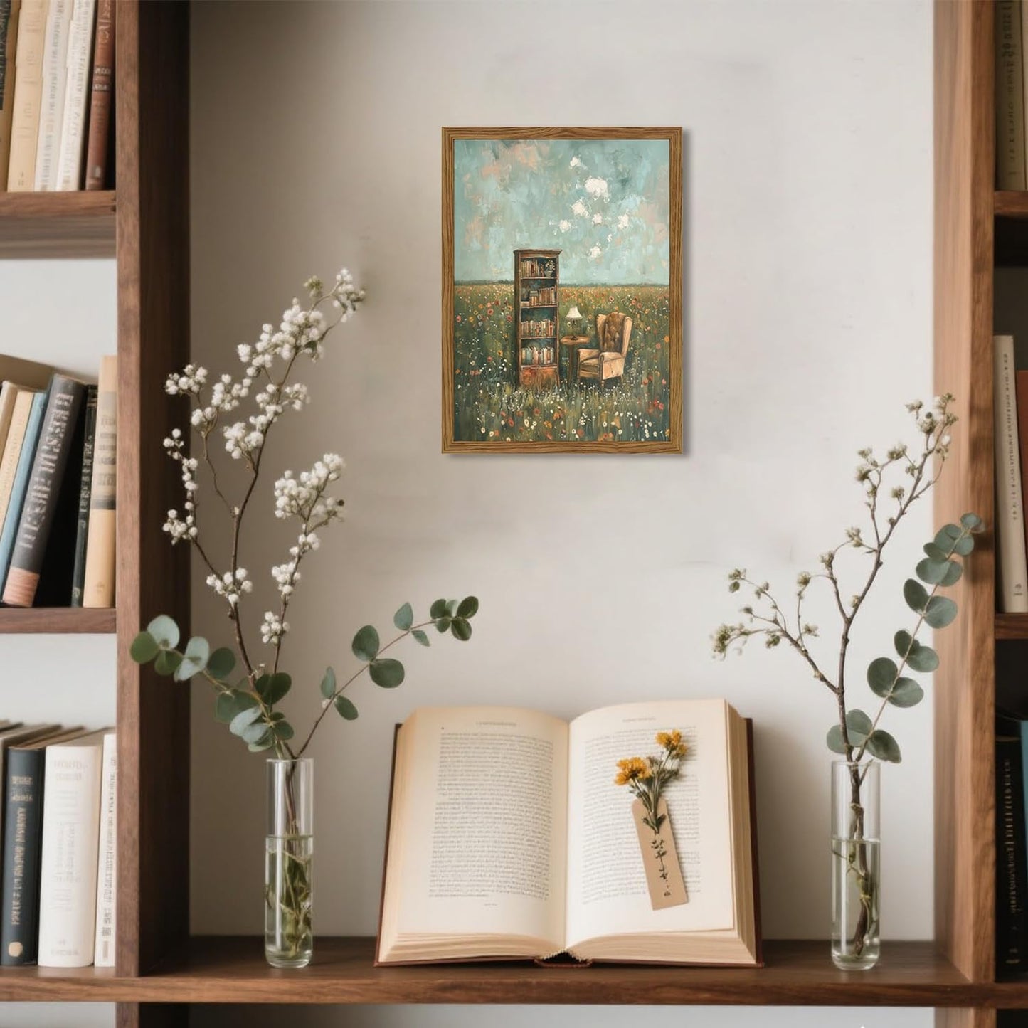 Vintage Whimsical Book Lover Wall Art, Impressionist Flower Field Painting Decor, Rustic Book Nook Canvas Prints, Bookish Gifts French Country Artwork for Bedroom Living Room 10x8 inch Wood Framed