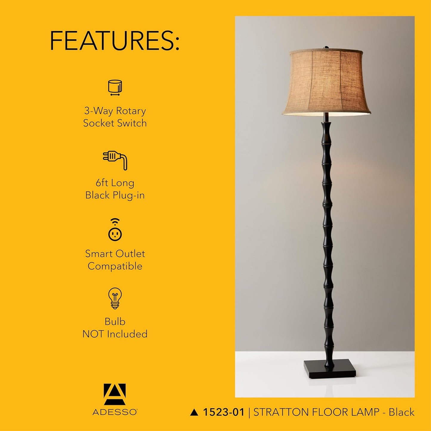 Adesso Black Floor Lamp with Brown Fabric Shade – 3-Way Adjustable Brightness Accent Lighting for Bedroom, Living Room or Home Office, 62” Tall