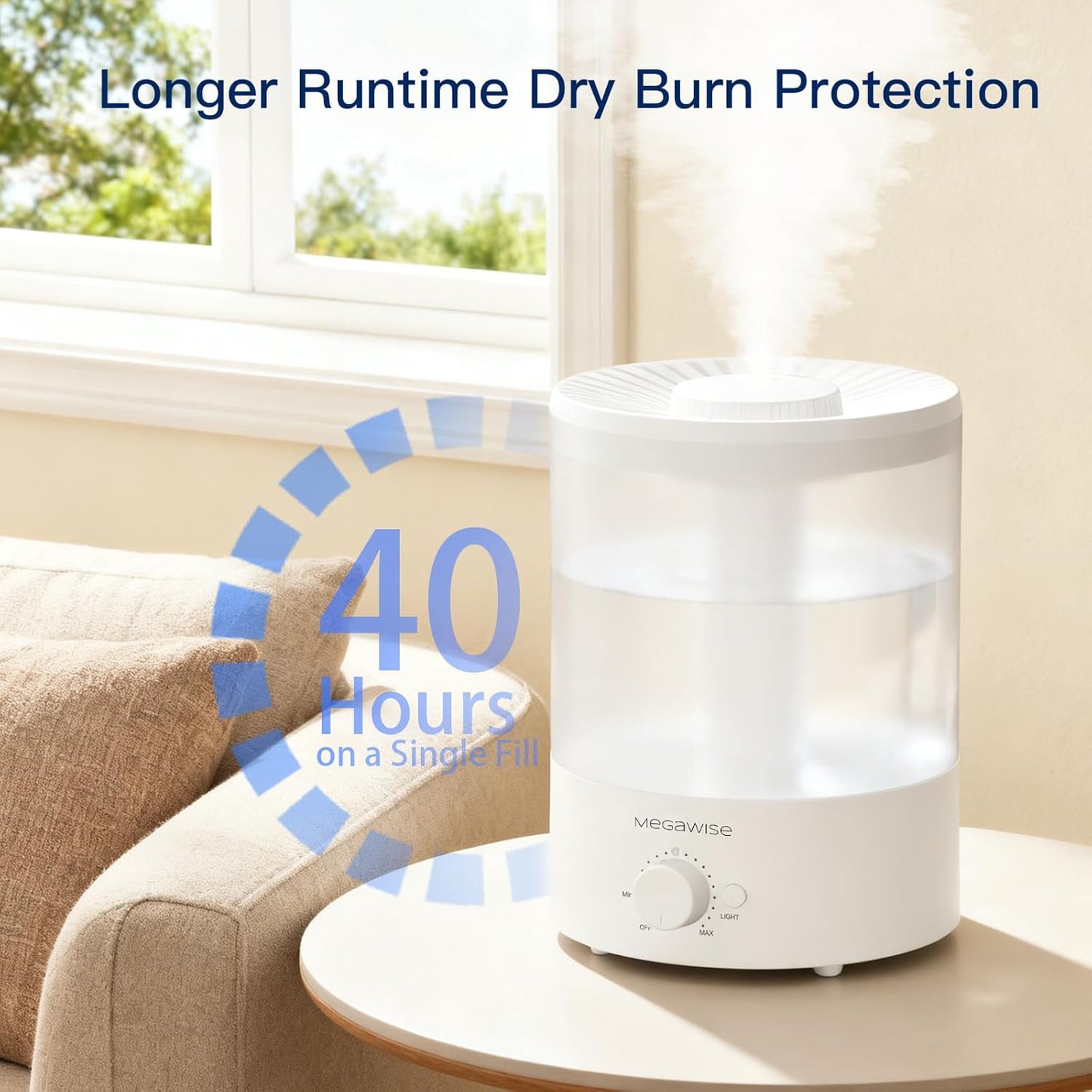 MegaWise Healthy Top-Refill Cool Mist Humidifiers for Bedroom, 24dB Ultrasonic Air Vaporizer with Water Filter for Baby [PP Material], Colorful Night Light,1 Gal Essential Oil Diffuser, Auto Shut Off