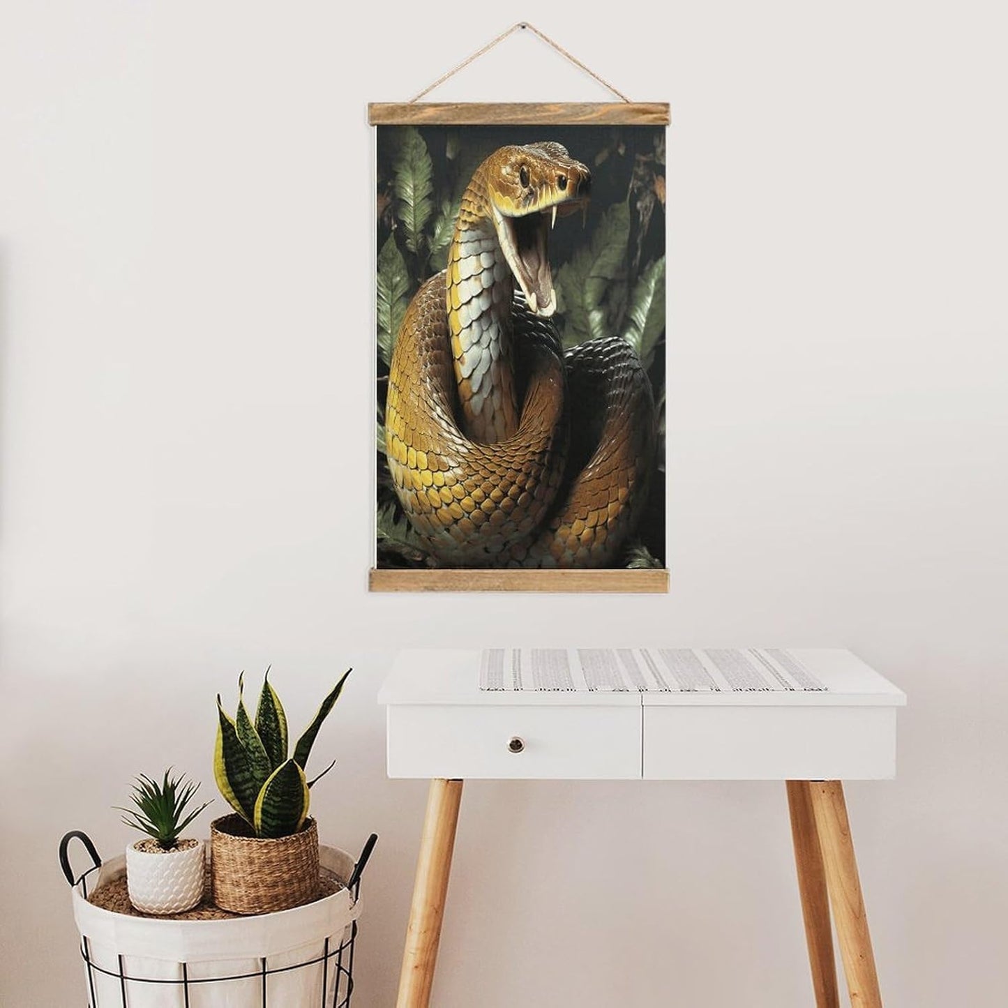 Vintage Cobra Snake Poster with Wooden Frame Personalized Linen Hanging Scroll Painting Rustic Wall Hanging Illustrative Modern Artwork Decor for Home Living Room Bedroom Office