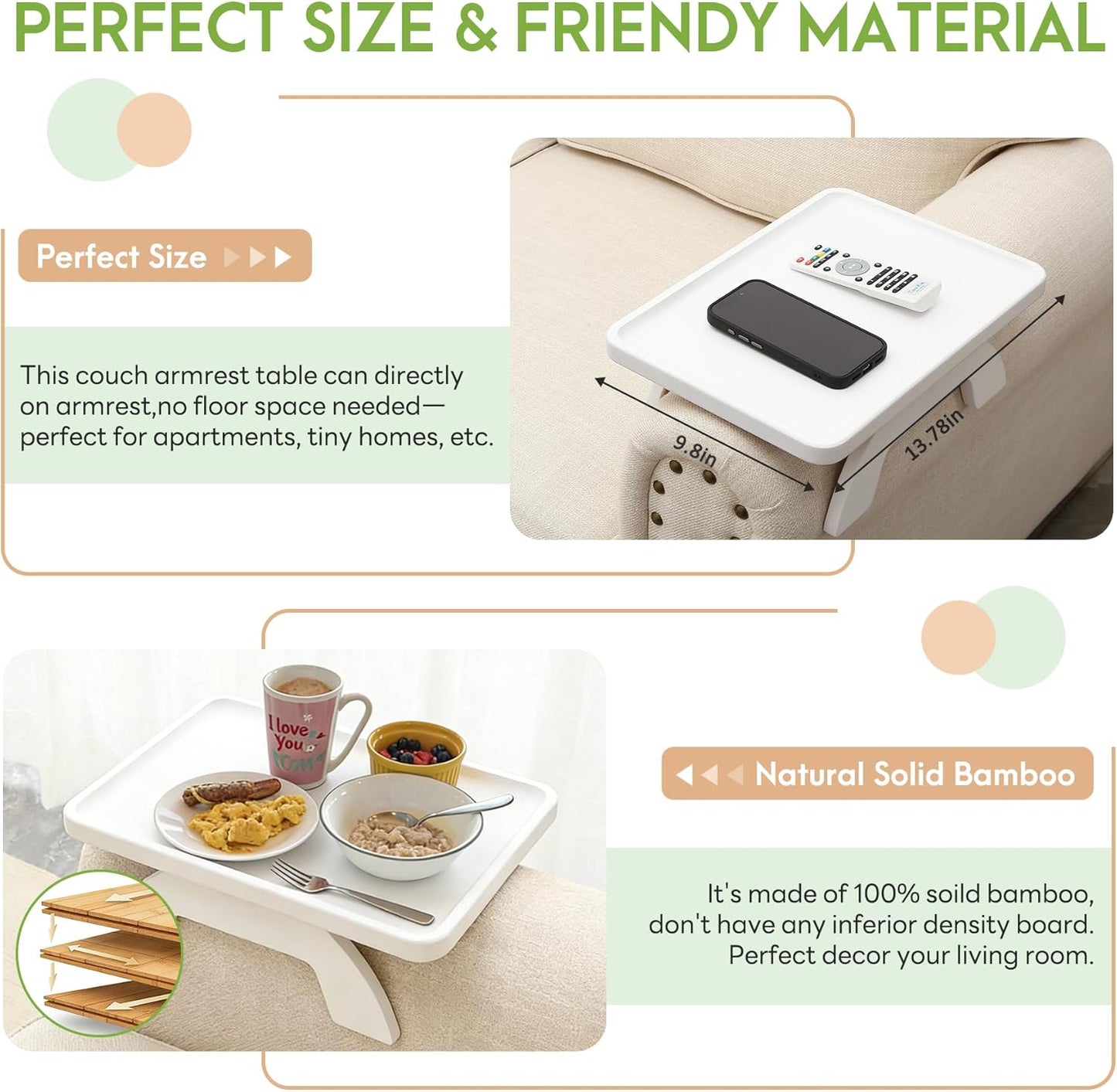 SINWANT Couch Arm Table,Bamboo Couch Arm Tray Clip on Sofa Armrest,Chair Side Table for Small Spaces Drink Eating Dinner