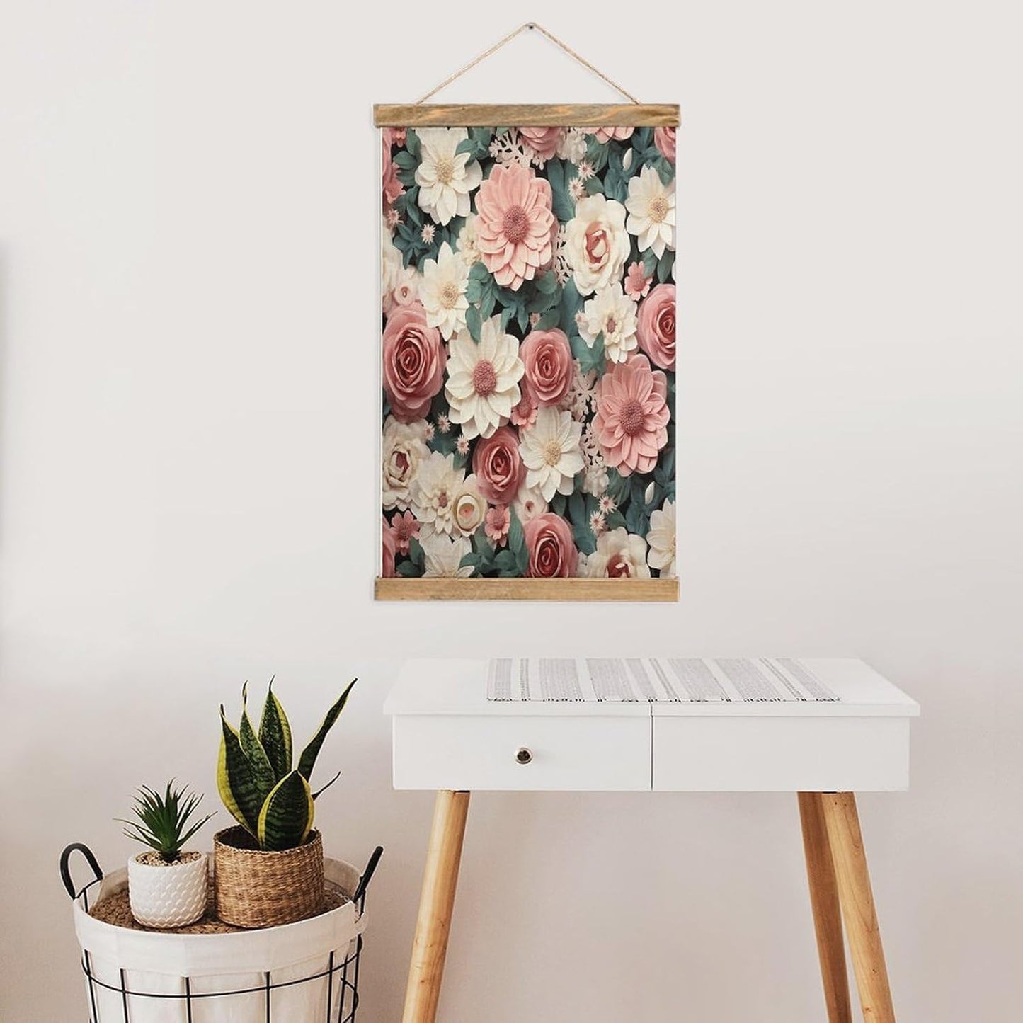 Vintage Flowers with Pink And Green Leaves Poster with Wooden Frame Personalized Linen Hanging Scroll Painting Rustic Wall Hanging Illustrative Modern Artwork Decor for Home Living Room Bedroom Office