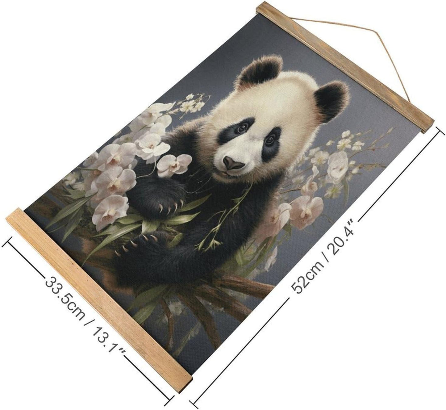 Vintage Panda with Flower Poster with Wooden Frame Personalized Linen Hanging Scroll Painting Rustic Wall Hanging Illustrative Modern Artwork Decor for Home Living Room Bedroom Office