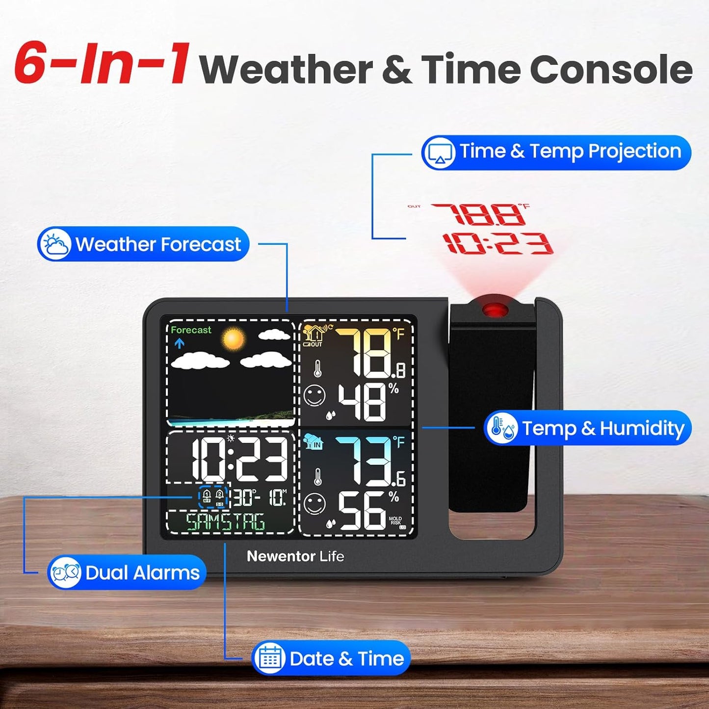 Newentor Projection Alarm Clock, Projection Clock for Bedroom Ceiling, Weather Station Thermometer with Projector Indoor Outdoor TEM&Hum, Forecast, Adjustable Backlight, Black with Red Projector