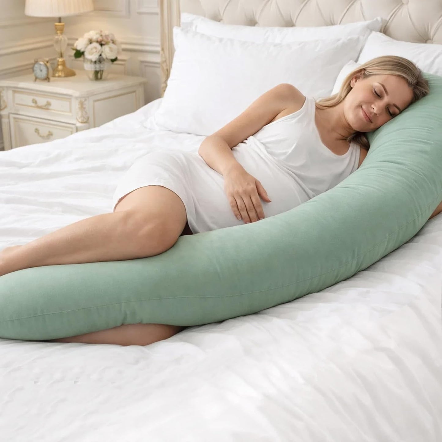 Pregnancy Pillow for Side Sleeping, 74 Inch C Shaped Long Body Pillow, Sleep Bolster Pillow, Maternity Body Pillow with Removable Cover, Soft and Supportive, Light Green