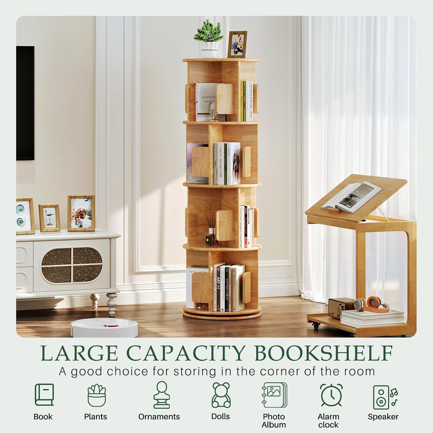 Wooden Rotating Natural Bookshelf Tower - 4 Tier 51“ H Tall 360° Spinning Revolving Bookshelf for Small Spaces, Solid Wood Round Narrow Modern Bookcase Tower for Home Office & Bedroom & Kids Rooms