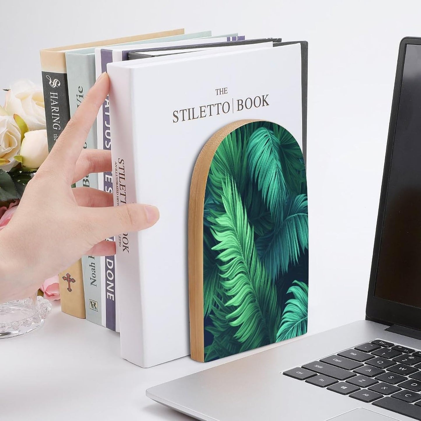 Tropical Palm Leaves Bookend for Shelves Wooden Book End Large Size Sturdy Book Holders Stoppers with Metal Base for Bookshelves Slick Decorative Bookends Stands