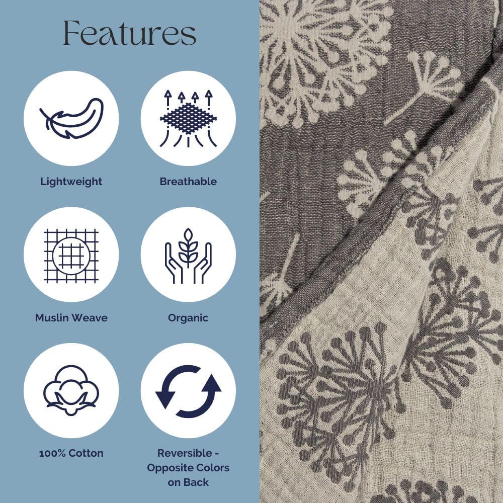 InfuseZen Large Turkish Muslin Throw Blanket - Reversible Dandelion Design -100% Turkish Cotton Gauze - 92" x 65" - Soft, Thin, Lightweight, Breathable - Sofa, Bed, Picnic, Beach - Charcoal/Grey
