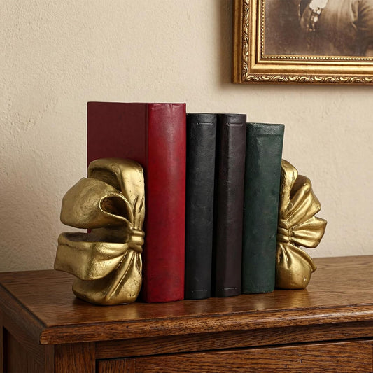 Vintage Gold Bow Bookend Set of 2 Heavy Duty Decorative Bowknot Book Ends Resin Bookends with Non Slip Felt Base Muted Matte Book Stopper Holder Shelf Organizer for Desk Home Office Decor
