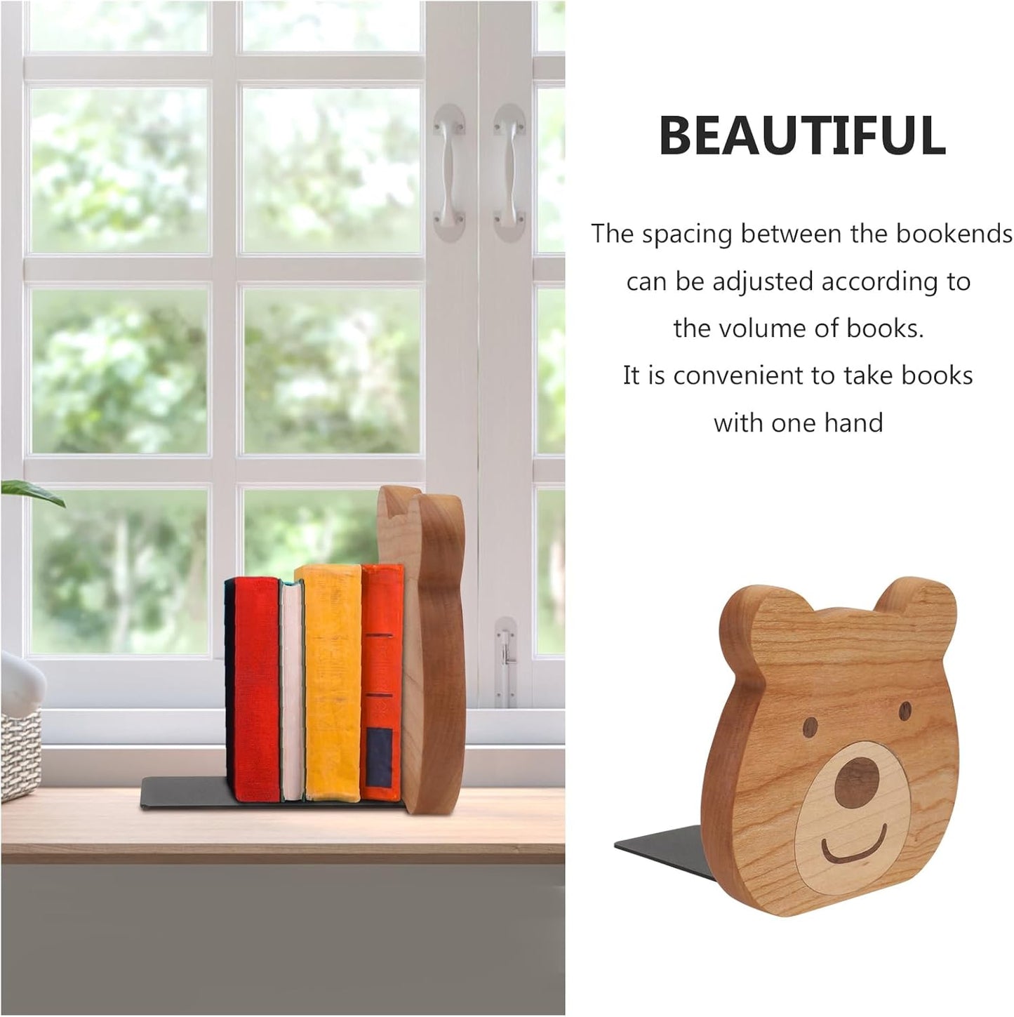 Cabilock 2 Pieces Book Stoppers: Wooden Bear Bookends for Shelves - Metal Base Non-Skid Book Ends for Bookshelf Decoration Home Office School Supplies