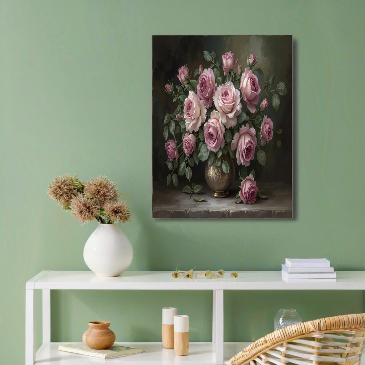 GDJSMIN Retro Pastoral Style Wall Art, Vase With Pink Roses Poster for Reading Room Living Room Decor 24 x 36 inch Unframed