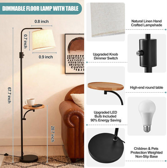 Corner Floor Lamp with Table, Black Modern Standing Lamp with Shelf, Dimmable Arc Tall Side Table with Lights for Living Room Bedroom Office with Adjust Head, Rotary Switch，LED Bulb Included
