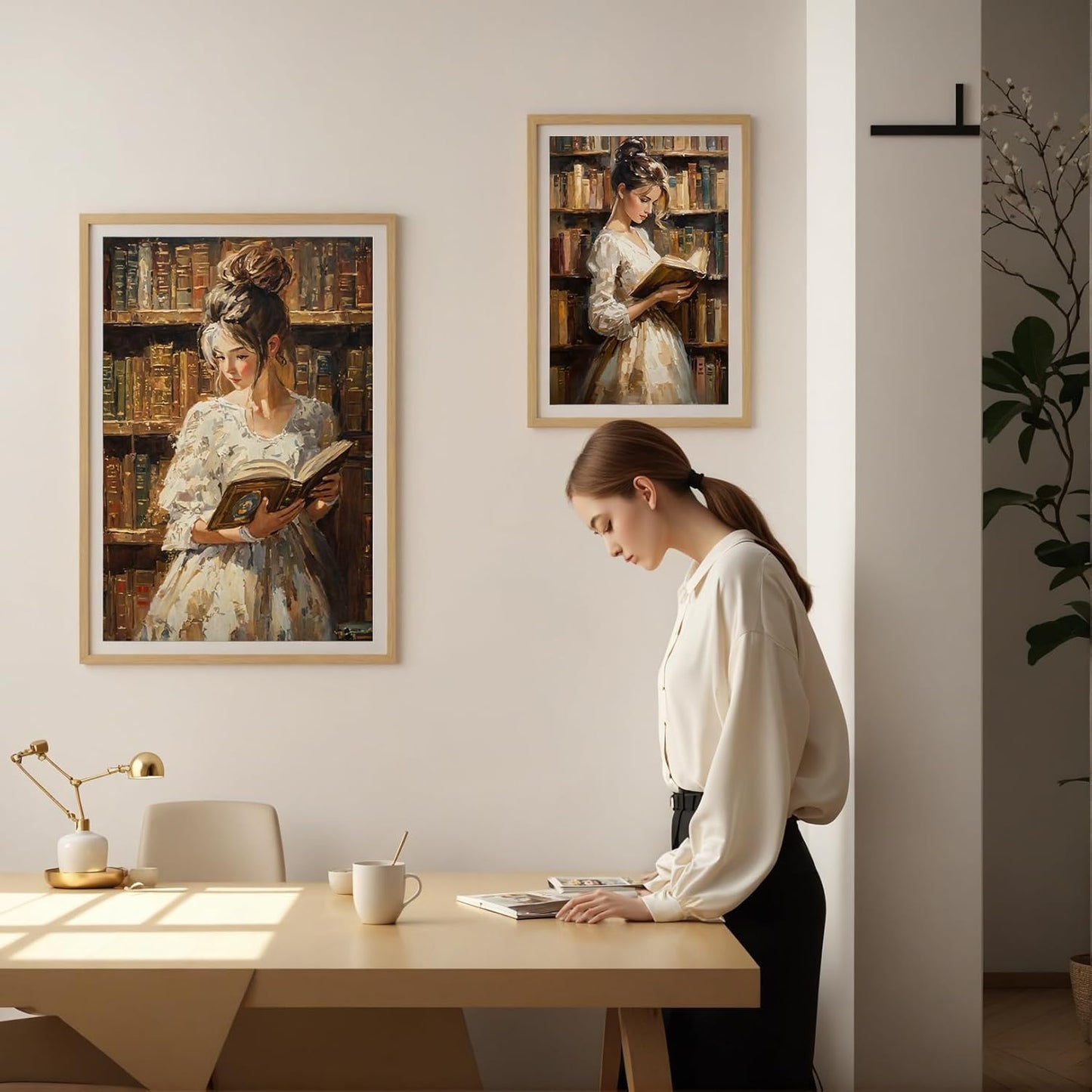 Aozomo Woman in Library Oil Painting Wall Art Vintage Style Oil Painting Canvas Print Female Portrait Oil Painting Pictures Prints Wall Decor Aesthetic Poster (12x18in,A-Unframed)