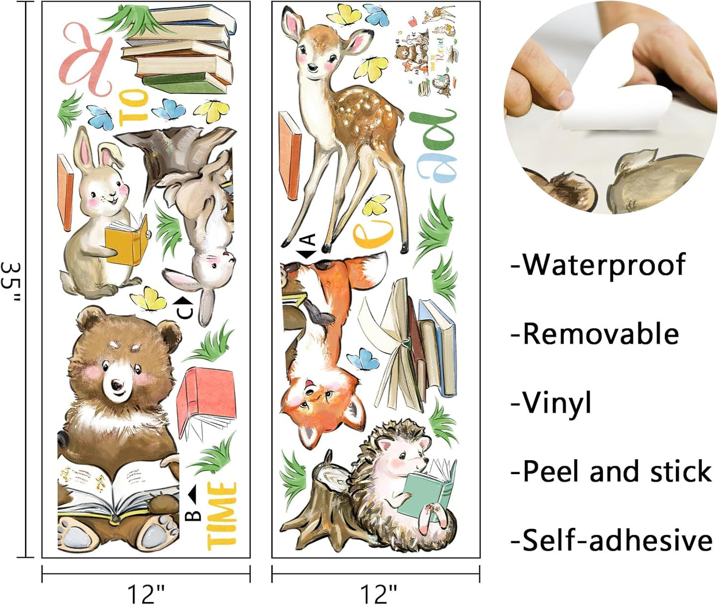 Mfault Time to Read Animals Wall Decals Stickers, Educational Reading Bear Fox Bunny Deer Hedgehog Books Nursery Decorations Classroom Bedroom Art, Neutral Toddlers Kids Study Room Library Decor