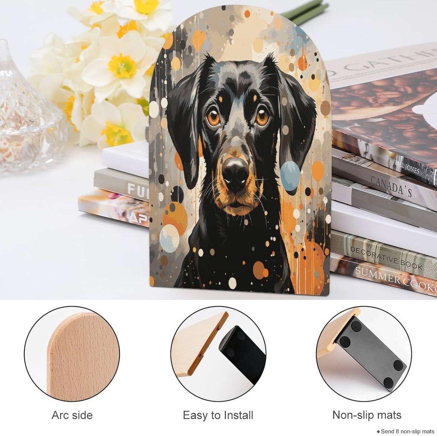 Colorful Polka Dots and Dog Bookend for Shelves Wooden Book End Large Size Sturdy Book Holders Stoppers with Metal Base for Bookshelves Slick Decorative Bookends Stands