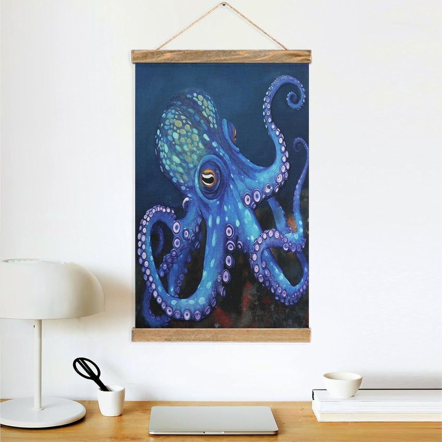 Vintage Blue Octopus Poster with Wooden Frame Personalized Linen Hanging Scroll Painting Rustic Wall Hanging Illustrative Modern Artwork Decor for Home Living Room Bedroom Office