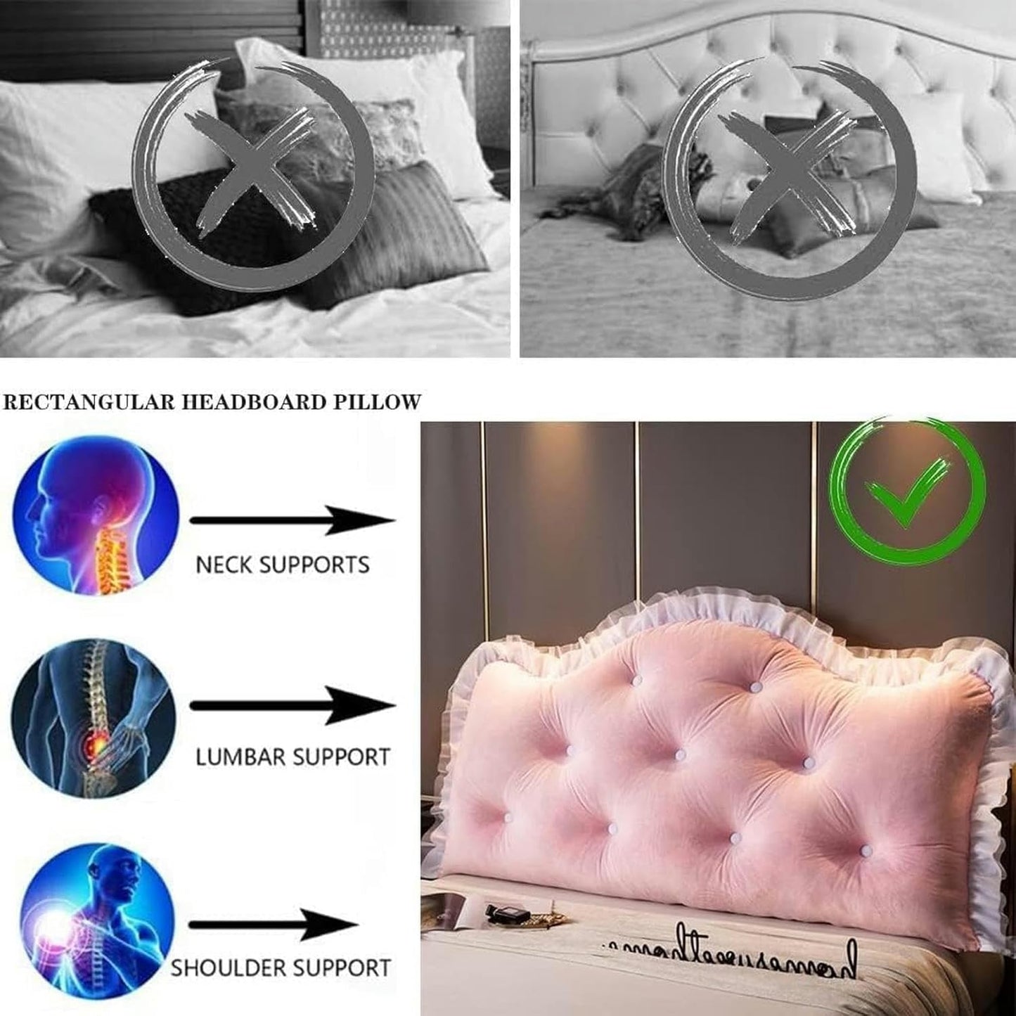 Upholstered Rectangular Headboard, Removable Bedside Cushion Watching TV Reading Relaxing Tatami Bed Soft Pack Reading Pillow Bed Rest Pillows(Pink,70"/180cm)