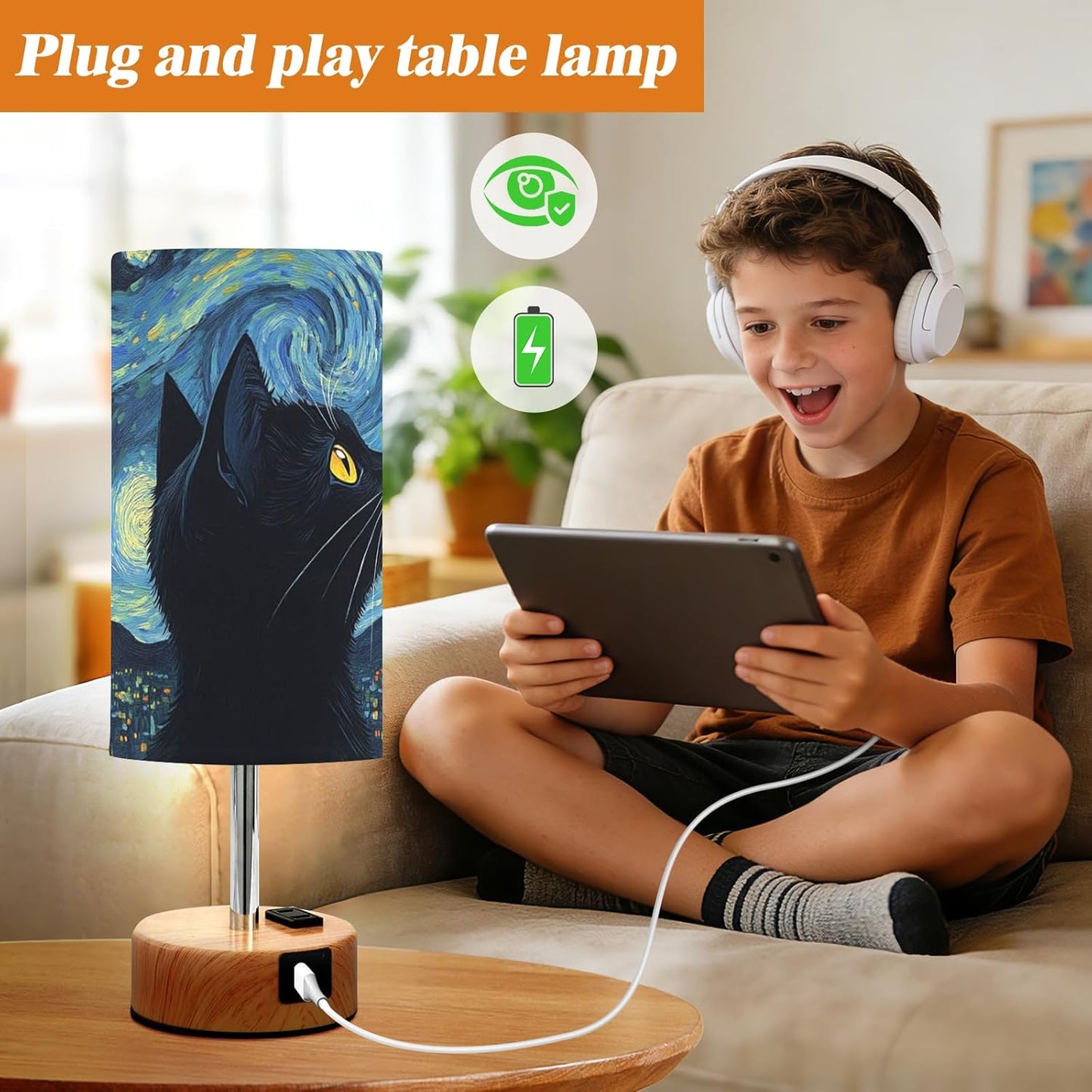 Dimmable Starry Night Art Black Cat Table Lamp with 2 USB C Charging Ports & AC Outlet, Touch Lamps for Nightstand Bedside Small Lamp Night Stand Side Light for Bedroom/Desk, 14 in