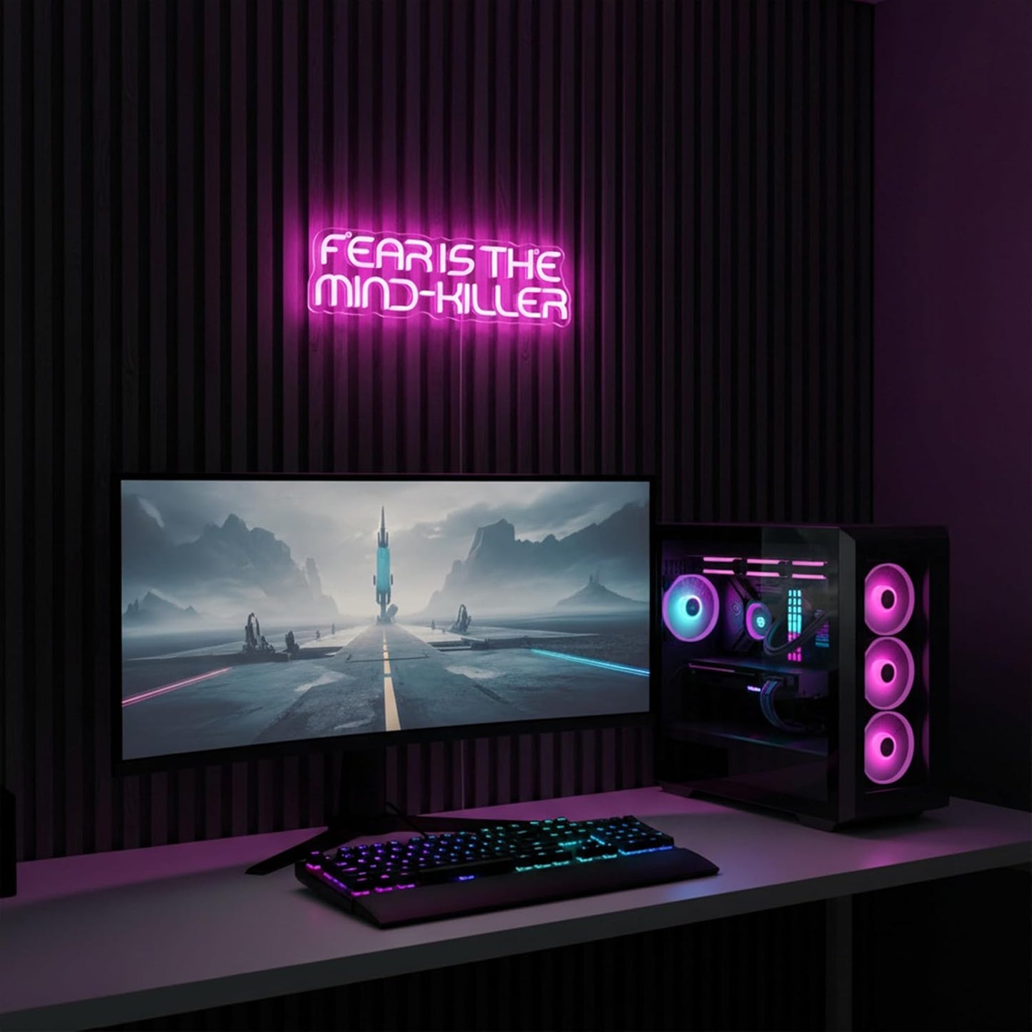 Fear is the Mind-Killer LED Neon Sign 16.5" x 4.7" Dimmable Pink Motivational Quote Wall Decor Inspiring Sci-Fi Literature Sign for Home Office, Library, Gaming Room & Study - USB Powered
