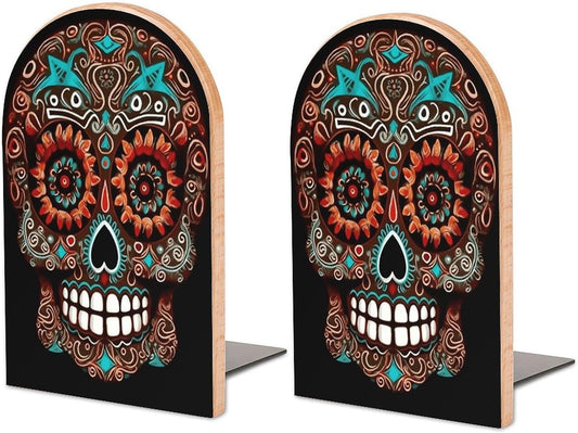 Sugar Skulls Day of The Dead Bookend for Shelves Wooden Book End Large Size Sturdy Book Holders Stoppers with Metal Base for Bookshelves Slick Decorative Bookends Stands
